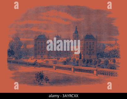 Un grand bâtiment historique à l'architecture complexe se dresse majestueusement, entouré de jardins paysagers et d'arbres. Des statues ornent les allées, et des personnages lointains se promènent tranquillement, créant une atmosphère sereine. Le ciel révèle des nuages doux, améliorant le charme général de la scène. La visite de la Reine en Allemagne : le Palais Ducal et l'église St Moritz Coburg 1862 Art classique avec une touche moderne réinventée par Artotop Banque D'Images