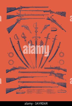 Une collection de diverses armes à feu et épées exposées dans un arrangement organisé, mettant en valeur des conceptions complexes et de l'artisanat, sur un fond vibrant contrasté. Armes légères à l'exposition internationale 1862 Art classique avec une touche moderne réinventé par Artotop Banque D'Images