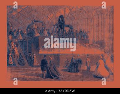 Une scène industrielle animée capture une grande installation de machines de la fin du XIXe siècle, mettant en vedette des ouvriers et des visiteurs élégamment habillés dans un vaste espace orné. La machinerie élaborée domine l'arrière-plan, tandis que des groupes de personnes s'engagent curieusement avec l'environnement. L'exposition internationale : pompe centrifuge, 1862 Art classique avec une touche moderne réinventée par Artotop Banque D'Images