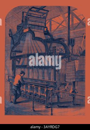 Une presse à imprimer complexe se dresse majestueusement dans un atelier, mettant en valeur son design élaboré et ses composants mécaniques. Un travailleur est vu conduire attentivement la machine, soulignant le savoir-faire et l'innovation industrielle de l'époque. L'environnement environnant reflète l'atmosphère animée d'un espace de fabrication productif. L'exposition internationale : Swiss Jacquard-Loom for Weaving Ribbons 1862 Art classique avec une touche moderne réinventé par Artotop Banque D'Images