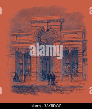 Une charmante scène de rue historique avec des arcades ornées et des bâtiments élégants, avec deux personnages marchant tranquillement. Les devantures présentent une variété de marchandises, tandis que le chemin pavé ajoute à l'ambiance nostalgique. Entrée à la salle agricole depuis la High Street Islington 1862 Art classique avec une touche moderne réinventée par Artotop Banque D'Images