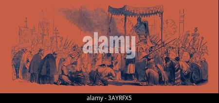 Une scène historique représentant un grand rassemblement de personnes, certaines dans des poses révérentes, entourant une plate-forme surélevée où une figure est assis en évidence. La foule comprend des individus tenant des drapeaux et des armes, suggérant un moment d'importance culturelle ou politique significative. L'atmosphère est chargée d'émotion alors que les observateurs s'engagent avec la figure centrale, reflétant un événement pivot dans une ère passée. Dimanche des palmiers, procession dans la Sala Regia. Art classique avec une touche moderne réinventé par Artotop Banque D'Images