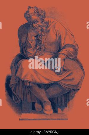 Une figure contemplative est assise avec une expression pensive, reposant son menton sur sa main. Vêtu de vêtements fluides, sa longue barbe et ses cheveux ajoutent à l'aura de sagesse et de réflexion. Le personnage apparaît profondément dans la pensée, entouré d'un jeu intrigant de lumière et d'ombre. Spécimen de gravure sur bois, le prophète Jérémie, tiré de la peinture de Michael Angelo, dans la Chapelle Sixtine, à Rome Art classique avec une touche moderne réinventée par Artotop Banque D'Images