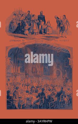 Une scène de banquet élégante est représentée, avec une grande salle à manger ornée de chandelles et de décorations élaborées. En haut, un groupe de personnages élégamment habillés approche de l'entrée, ajoutant un sentiment d'anticipation à la réunion ci-dessous. L'architecture complexe et les tables somptueuses soulignent l'opulence de l'occasion. Visite du roi des Français à la reine Victoria : le banquet de la jarretière, réunissant George's Hall Classic art avec une touche moderne réinventée par Artotop Banque D'Images