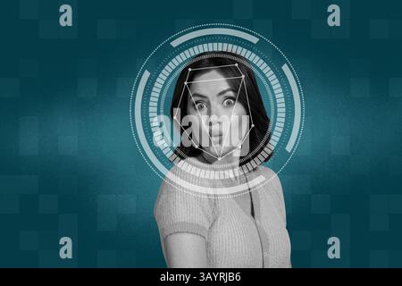 Croquis image tendance illustration montage photo 3D collage de l'interface biométrique de reconnaissance faciale moderne cadre jeune femme regardant Banque D'Images