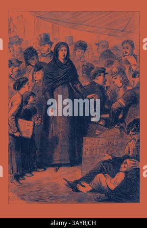 Une femme se tient au centre, tendant la main au milieu d'une scène bondée remplie d'hommes, de femmes et d'enfants, certains tenant des pancartes et d'autres engagés dans la conversation. L'atmosphère transmet un sentiment d'urgence et de préoccupation, avec des expressions variées reflétant une gamme variée d'émotions. Le cadre semble être un lieu public, suggérant un moment d'importance sociale ou de rassemblement communautaire. Scène sur le Boulevard Montmartre Paris : une folle 1871 Art classique avec une touche moderne réinventée par Artotop Banque D'Images