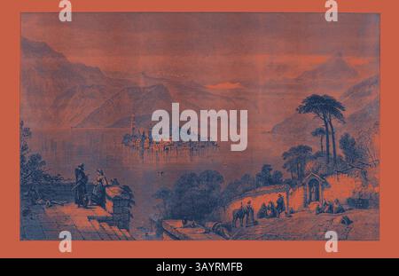 Un paysage tranquille représentant un lac serein bordé de montagnes, avec une petite île avec un village pittoresque. Des personnages sont vus engagés dans diverses activités le long du rivage, encadrés par des arbres luxuriants et des affleurements rocheux. La scène évoque un sentiment de calme et de beauté intemporelle. Le Lago D'Orta, à l'exposition de la Société des peintres en aquarelle Art classique avec une touche moderne réinventée par Artotop Banque D'Images