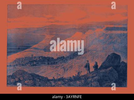 Une vue panoramique sur la côte avec des falaises escarpées, un littoral lointain et des personnages contemplant le paysage. La scène capture l'interaction entre terre et mer, avec des bateaux lointains parsemant l'horizon. Vue sur la Chesil Bank depuis Portland Heights Art classique avec une touche moderne réinventée par Artotop Banque D'Images