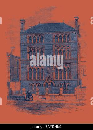 Une illustration architecturale détaillée d'un bâtiment de style gothique, avec des fenêtres arquées complexes et des pierres ornées, avec deux personnages assis à l'avant. Les structures environnantes suggèrent un cadre urbain historique. Asylum for the Blind at Brighton a ouvert mardi Classic art avec une touche moderne réinventée par Artotop Banque D'Images