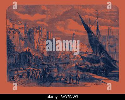 Une scène portuaire animée capture l'activité des navires amarrés le long d'un front de mer dynamique. Des navires robustes sont attachés au port, tandis que les ouvriers transportent des marchandises et les foules animées se mêlent au milieu des bâtiments historiques et d'un panorama spectaculaire. Une gamme de vieux bâtiments mauresques à Alger sera retirée pour faire place au Boulevard de l'Imperatrice Art classique avec une touche moderne réinventée par Artotop Banque D'Images