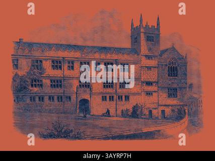 Une illustration complexe d'un bâtiment historique avec des caractéristiques architecturales distinctes, y compris des arches pointues et une grande tour, dans un contexte contrasté. La scène évoque un sentiment d’intemporalité et d’artisanat, mettant en valeur la végétation et les figures qui font allusion à la vie quotidienne. La Royal Grammar School de Shrewsbury Classic art avec une touche moderne réinventée par Artotop Banque D'Images