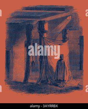 Une figure solitaire drapée dans un vêtement fluide se tient dans un espace faiblement éclairé, entouré de colonnes imposantes et de tissus gonflés. L'interaction de la lumière et des ombres crée une scène atmosphérique qui évoque un sentiment de contemplation et de solitude. Intérieur d'une église abyssinienne à Chaffa près de Senafe 1868 Art classique avec une touche moderne réinventée par Artotop Banque D'Images