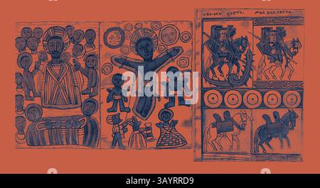 Une tapisserie vibrante mettant en vedette un mélange de figures humaines complexes, de symboles mythiques et de scènes équestres, mettant en valeur un riche jeu de culture et de narration à travers les différents Fac-similé de deux pages d'une Bible abyssinienne 1868 Art classique avec une touche moderne réinventé par Artotop Banque D'Images