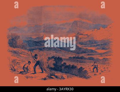 Une scène de paysage représentant des ouvriers travaillant dans un cadre rustique, avec des montagnes en arrière-plan. Un travailleur porte une pioche tandis qu'un autre tend vers le sol, mettant en valeur le labeur de la vie agricole dans un environnement naturel. Garibaldi s'enracine dans son art préféré Garden Caprera Classic avec une touche moderne réinventée par Artotop Banque D'Images