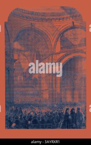 Un intérieur architectural grandiose rempli d'un large public, avec des arches et des détails complexes. La scène capture un rassemblement important, avec des personnages vêtus d'une tenue élégante, faisant allusion à un événement historique ou culturel se déroulant dans un cadre majestueux. La performance du Messie dans la Cathédrale de Paul 1861 Art classique avec une touche moderne réinventé par Artotop Banque D'Images