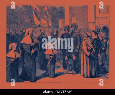 Scène historique représentant un groupe d'individus en tenue traditionnelle, certains portant des drapeaux et des bannières, rassemblés dans un espace public. L'atmosphère suggère un événement communautaire ou cérémoniel important, avec des enfants parmi la foule. Une procession religieuse dans la Strada Reale, Malte Art classique avec une touche moderne réinventée par Artotop Banque D'Images