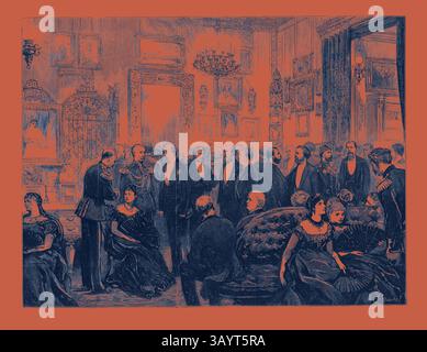 Un rassemblement d'individus élégamment habillés dans une salle somptueusement décorée, mettant en valeur la mode et les coutumes sociales d'une époque révolue, alors qu'ils s'engagent dans une conversation animée et apprécient la compagnie de l'autre. Le Congrès de Berlin, réception des plénipotentiaires à l’Ambassade britannique Art classique avec une touche moderne réinventée par Artotop Banque D'Images