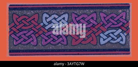 Un design complexe avec des nœuds celtiques entrelacés dans un motif symétrique, rehaussé par des teintes violettes, rouges et bleues éclatantes sur un fond discret. Celtic Ornament Art classique avec une touche moderne réinventée par Artotop Banque D'Images