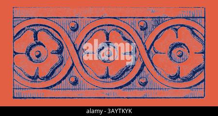 Un panneau décoratif avec un motif répétitif de trois fleurs stylisées, entourées d'éléments circulaires, le tout sur un fond contrasté. Décoration Renaissance Art classique avec une touche moderne réinventée par Artotop Banque D'Images