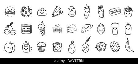 Icônes de personnages culinaires mignons. Collation de dessin animé et autocollants de menu de doodle de restauration rapide avec des visages drôles, mascottes heureuses de légumes et de desserts, collation drôle Illustration de Vecteur