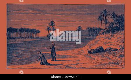 Deux personnages se tiennent au bord de l'eau, l'un jetant une ligne dans la rivière tandis que l'autre regarde. Des palmiers luxuriants encadrent la scène sous un ciel vaste, évoquant la beauté tranquille d'un paysage naturel. VUE SUR LES RIVES DE L'EUPHRATE. Le plus long et l'un des plus importants fleuves historiques d'Asie occidentale. Art classique avec une touche moderne réinventé par Artotop Banque D'Images