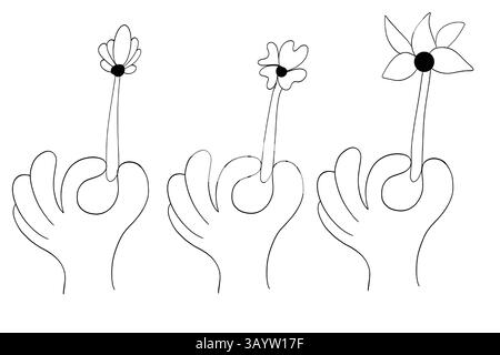 Trois mains, chacune tenant une fleur au design unique. Les fleurs varient dans la forme et la disposition des pétales, ajoutant une diversité artistique à l'illustration. Illustration de Vecteur