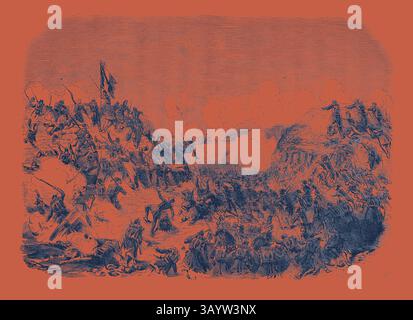 Une scène de bataille chaotique se déroule, représentant des soldats dans un combat acharné, avec des drapeaux agités et des tirs de canon au milieu d'un paysage spectaculaire. L'atmosphère est chargée de tensions alors que le chaos règne, soulignant l'intensité du conflit. Défense des gorges de Malakoff, Grenadiers et infanterie légère de la Garde, de l'infanterie, des Zouaves et des Tirailleurs algériens. La guerre de Crimée, 1855. Gravure d'art classique avec une touche moderne réinventée par Artotop Banque D'Images