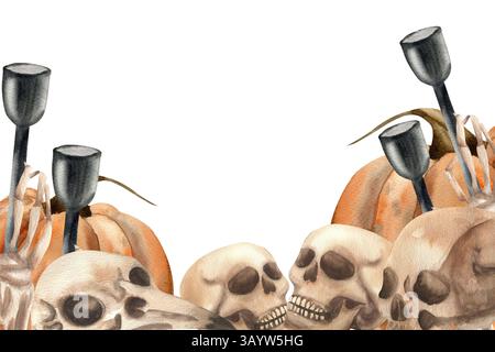 Modèle d'Halloween avec crânes, main morte, chandelier et illustration aquarelle de citrouilles orange. Cadre dessiné à la main avec clipart gothique, ésotérique effrayant Banque D'Images
