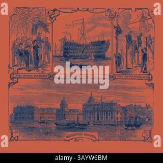 Une illustration vintage présentant trois hôpitaux distincts : le Royal Hospital School for Boys, un navire nommé Sesanmus Hospital, et l'hôpital Greenwich, chacun encadré d'éléments décoratifs ornés, capturant l'architecture historique et les thèmes maritimes. Refuge anglais pour les défenseurs de ses murs de bois. Hôpital de Greenwich. Londres, Royaume-Uni, Grande-Bretagne, Royaume-Uni, Europe, Royaume-Uni, Grande-Bretagne, Art classique européen avec une touche moderne réinventé par Artotop Banque D'Images