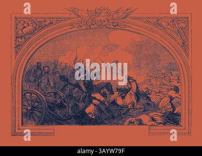 Une scène de bataille chaotique se déroule, avec des soldats en action au milieu des nuages de fumée et des bruits de l'artillerie. Chevaux et hommes s'engagent dans une lutte acharnée, capturant l'intensité et la tourmente de la guerre. Le cadrage orné ajoute une touche historique à la représentation du conflit. Bataille de Ferozeshah, (Lord Gough,) le 21 décembre 1845, entre les Britanniques et les Sikhs, dans le village de Ferozeshah au Pendjab. Les Britanniques étaient dirigés par Sir Hugh Gough et le gouverneur général Sir Henry Hardinge, tandis que les Sikhs étaient dirigés par Lal Singh. Inde Art classique avec une touche moderne réinventée par Artotop Banque D'Images