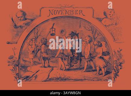 Une scène fantaisiste représentant des enfants vêtus de vêtements vintage, engagés dans des activités festives sous le thème de novembre. Ils sont entourés d'éléments de la nature et de figures chérubiennes ludiques, incarnant l'esprit du mois avec des lanternes et des faisceaux de brindilles. Novembre, calendrier, année, mois, Monthly Art classique avec une touche moderne réinventée par Artotop Banque D'Images
