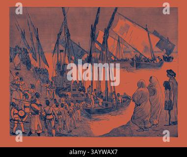 Une scène côtière animée représente de nombreux personnages se rassemblant près de bateaux à grandes voiles, tandis que d'autres interagissent le long du rivage. Les vêtements traditionnels et les expressions animées suggèrent une communauté dynamique engagée dans des activités maritimes. Départ des troupes du mudir de Dongola pour Ambukol à partir d'un croquis de Mr. F. Villiers, notre artiste spécial avec l'expédition du Nil, gravure 1884 Art classique avec une touche moderne réinventée par Artotop Banque D'Images