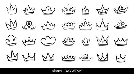Griffonner la couronne. Roi reine princesse croquis, icônes de tiare royales, diadèmes de ligne de luxe pour princesse prince, accessoires de tête médiévale vintage. Vecteur Illustration de Vecteur
