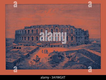 Un ancien amphithéâtre se dresse majestueusement au milieu d'un paysage accidenté, mettant en valeur ses grandes arcades et son importance historique. Les figures traversent le premier plan, évoquant la vie quotidienne dans l'ombre de cette structure monumentale. Le Colisée romain de Thysdrus, à El Djem, près de Tunis Art classique avec une touche moderne réinventée par Artotop Banque D'Images