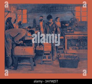 Un groupe d'individus est engagé dans une scène d'atelier, certains inspectant des articles dans des boîtes tandis que d'autres se tiennent à proximité, observant ou travaillant sur des tâches. L'environnement semble industrieux et concentré, mettant en évidence une atmosphère de travail et de collaboration. Fabrication de dynamite à Isleten, près de Fluelen, Suisse : emballage des cartouches dans des boîtes Art classique avec une touche moderne réinventée par Artotop Banque D'Images