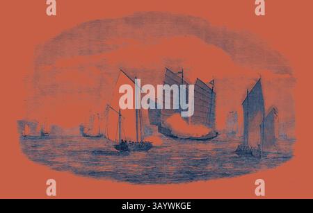 Une scène maritime mettant en vedette divers voiliers, y compris des navires traditionnels aux voiles gonflées, naviguant dans des eaux calmes. La toile de fond fait allusion à des masses terrestres lointaines, créant une atmosphère sereine mais dynamique sur la mer. Attaque sur une flotte pirate chinoise par les bateaux de H.M.S. 'Cleopatra', dans la baie de Bias, Chine Art classique avec une touche moderne réinventée par Artotop Banque D'Images