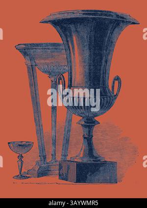 Un arrangement artistique de divers vases et socles ornés, mettant en valeur des détails complexes et des formes élégantes sur un fond contrasté. Vase en marbre noir et trépied classique avec une touche moderne réinventée par Artotop Banque D'Images