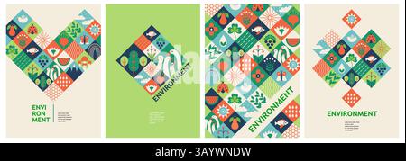 Affiches sur l'environnement. Bannières écologiques Bauhaus avec motif de paysage écologique abstrait, conception de couverture Earth Day Save Planet Eco Friendly concept Illustration de Vecteur