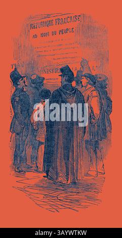Un groupe d'individus élégamment habillés s'engage dans une conversation près d'une proclamation annonçant la République française, mettant en valeur leur tenue d'époque et un sentiment de communauté dans un cadre historique. La Révolution en France : lecture des proclamations, 1851 Art classique avec une touche moderne réinventé par Artotop Banque D'Images