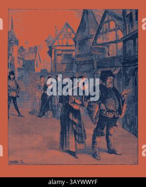 Une scène de rue médiévale animée avec un groupe de citadins. Au premier plan, une femme parle avec un homme robuste vêtu d'une tenue d'époque, tandis que d'autres se rassemblent en arrière-plan, ajoutant un sentiment de communauté et d'activité au cadre vibrant. Des maisons traditionnelles et des magasins bordent la rue, améliorant l'atmosphère historique. Scène du nouvel Opéra de Falstaff de Verdi, à Milan, acte III, scène 1, Italie, 1893 gravure de l'art classique avec une touche moderne réinventée par Artotop Banque D'Images