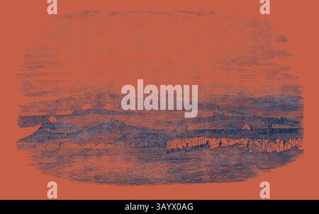 Un paysage serein avec des collines vallonnées au loin, en pente douce vers un littoral qui rencontre un plan d'eau calme. Des détails subtils font allusion aux structures et à la végétation, créant un sentiment de tranquillité et de beauté naturelle. Se préparer à faire des signaux Art classique avec une touche moderne réinventée par Artotop Banque D'Images