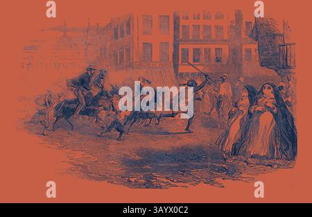 Une scène de rue animée capture un moment de chaos, où les personnages montés et les citadins en fuite transmettent un sentiment d'urgence et d'excitation. En arrière-plan, les bâtiments créent une atmosphère urbaine animée, tandis que les groupes de spectateurs ajoutent à l'action dynamique qui se déroule au premier plan. Courses d'ânes à Alexandrie. Art classique avec une touche moderne réinventé par Artotop Banque D'Images