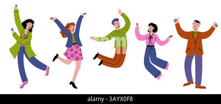 Des gens heureux qui sautent. Doodle employés de bureau d'affaires sautant, joie et personne réussie, employés d'entreprise professionnels heureux. Vector hommes d'affaires Illustration de Vecteur