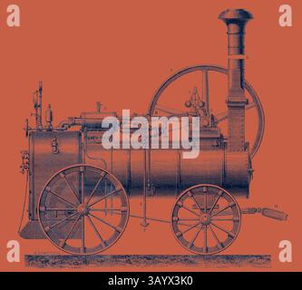 Une illustration détaillée d'une machine à vapeur, mettant en valeur ses machines complexes, y compris une grande roue et divers composants qui mettent en valeur la conception technique de l'époque. Le design reflète l'innovation et les avancées industrielles de son époque. M. Calla's traction Engine Classic Art avec une touche moderne réinventée par Artotop Banque D'Images