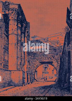 Une arche mène à une rue étroite, encadrée par d'anciennes colonnes et des murs de pierre altérés, invitant les spectateurs à explorer l'architecture historique d'une époque révolue. La scène capture un sens du temps et du lieu, avec des personnages se promenant dans un chemin pittoresque et pavé. Rome Italie 1875 Temple de Nerva Pantani Postern Art classique avec une touche moderne réinventé par Artotop Banque D'Images
