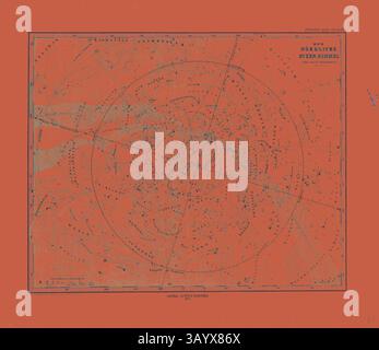 Une carte céleste avec une carte détaillée des étoiles de l'hémisphère nord, surlignée sur un fond orange vif. La carte comprend diverses constellations, étoiles et leurs noms correspondants, donnant un aperçu du ciel nocturne. Étoile du Nord Skygotha Justus Perthes 1872 Atlas. Perthes Johan Georg Justus 1749 1816 Editeur allemand est né à Rudolstadt en 1749. En 1785, il a fondé à Gotha l'entreprise qui porte son nom Justus Perthes. En cela, il a été rejoint en 1814 par son fils Wilhelm 1793 1853. Il a jeté les bases de la branche géographique de l'entreprise pour laquelle elle est Banque D'Images