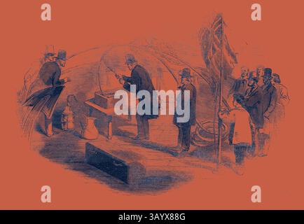 Un groupe d'hommes élégamment habillés se réunit autour d'une table, observant une manifestation impliquant une grande boîte. Un homme semble actionner la boîte tandis que d'autres regardent attentivement, certains tenant des chapeaux et un drapeau en arrière-plan. La scène transmet un sentiment de curiosité et d’attention, révélateur d’un moment de découverte ou d’expérimentation. Tir le train par la batterie Galvanic Classic Art avec une touche moderne réinventée par Artotop Banque D'Images