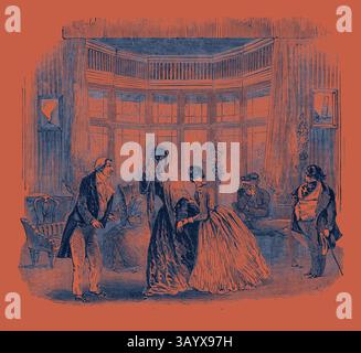 Un rassemblement formel dans une salle somptueusement décorée, avec des individus élégamment habillés dans une conversation animée, tandis que d'autres observent avec intérêt. Les fenêtres ornées et le mobilier évoquent un cadre social raffiné d'une époque révolue. Scène de la nouvelle comédie de « Time Works Wonders », au Haymarket Theatre Classic art avec une touche moderne réinventée par Artotop Banque D'Images