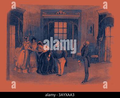 Un groupe d'individus élégamment habillés s'engage dans une conversation animée dans une salle richement décorée, mettant en valeur différents styles de vêtements de leur époque. L'atmosphère évoque un rassemblement social, rempli d'intrigues et d'interactions entre les personnages. Scène du « shérif du comté », au Haymarket Theatre. Art classique avec une touche moderne réinventé par Artotop Banque D'Images