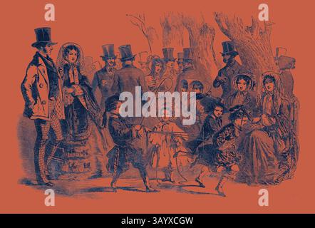 Un rassemblement animé d'individus élégamment habillés en tenue vintage, avec des enfants jouant et des adultes engagés dans la conversation à l'ombre de grands arbres. La scène évoque un sentiment de nostalgie et d'interaction sociale, mettant en évidence la mode et les coutumes sociales d'une époque révolue. Paris Fashions pour avril Art classique avec une touche moderne réinventée par Artotop Banque D'Images